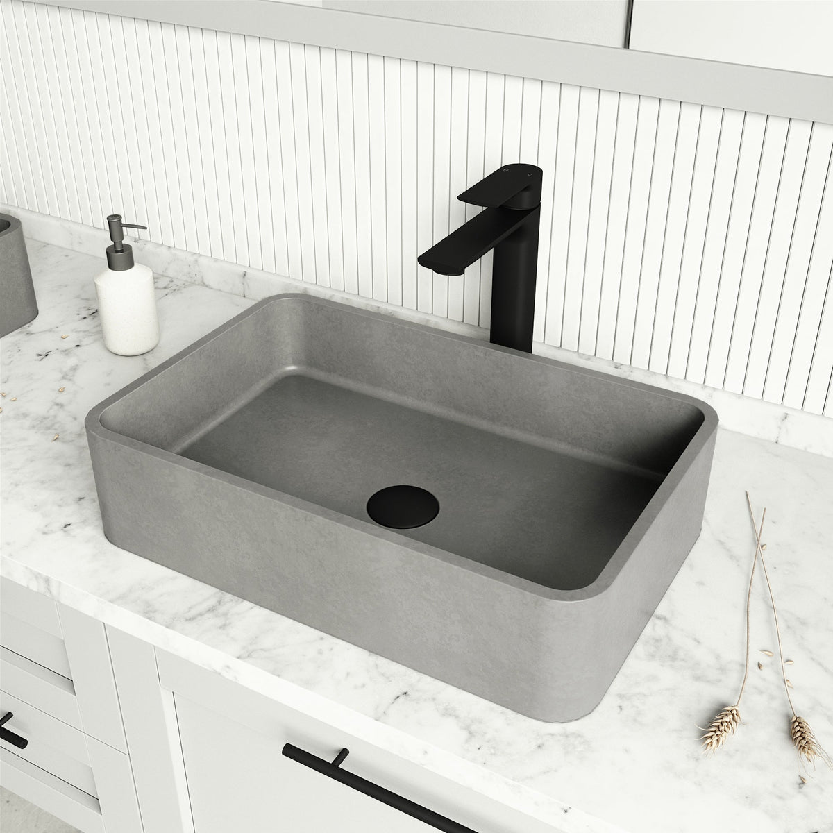 Handmade gray concreto stone sink featuring rectangular shape and scratch resistance