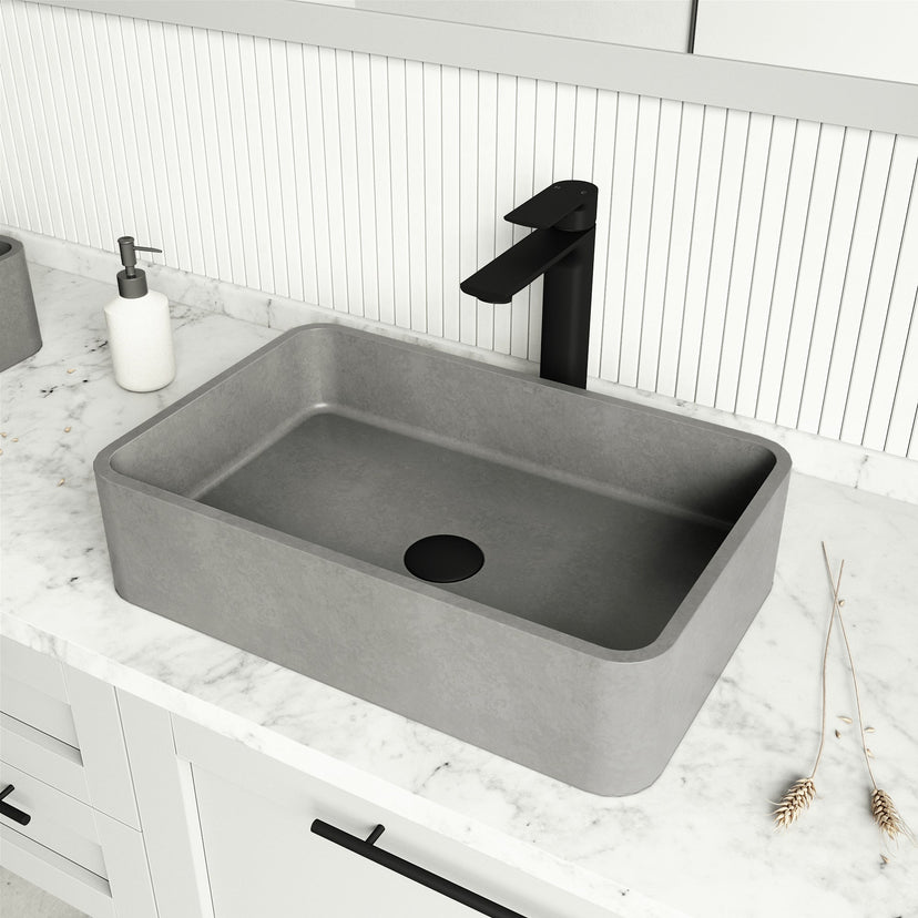 Handmade gray concreto stone sink featuring rectangular shape and scratch resistance