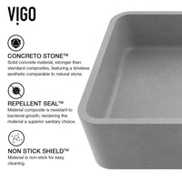 Commercial-grade gray vessel sink with durable concrete material and rectangular form