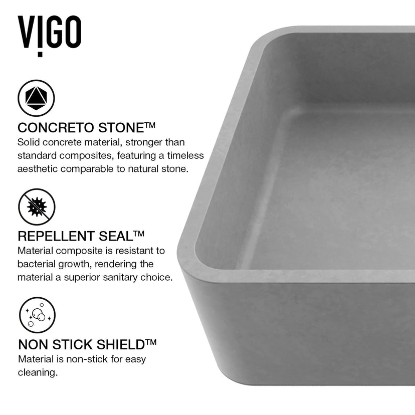 Commercial-grade gray vessel sink with durable concrete material and rectangular form