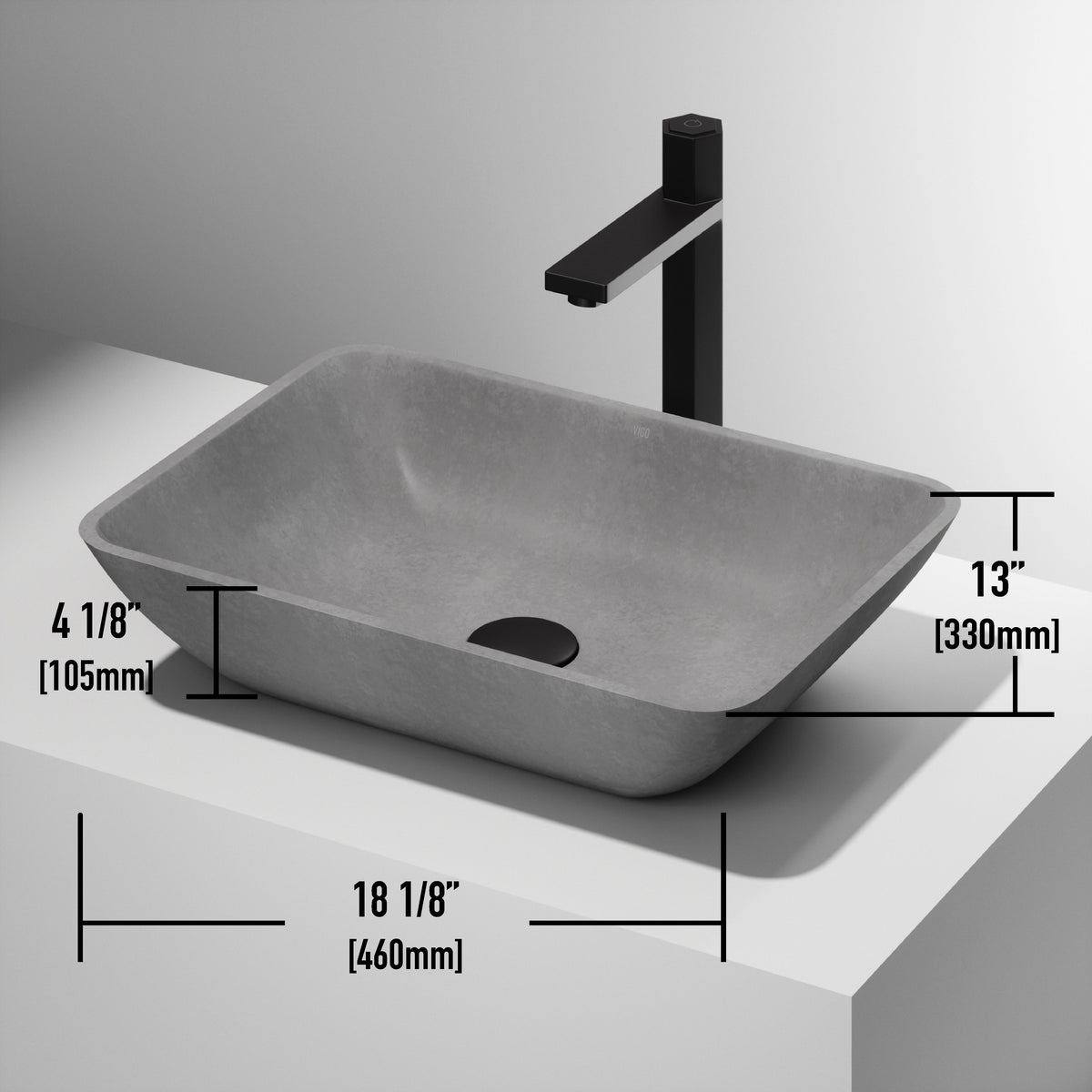 Gray finish concrete vessel sink handmade rectangular modern style scratch proof