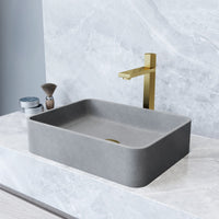 Gray concrete vessel sink with rectangular shape and modern design