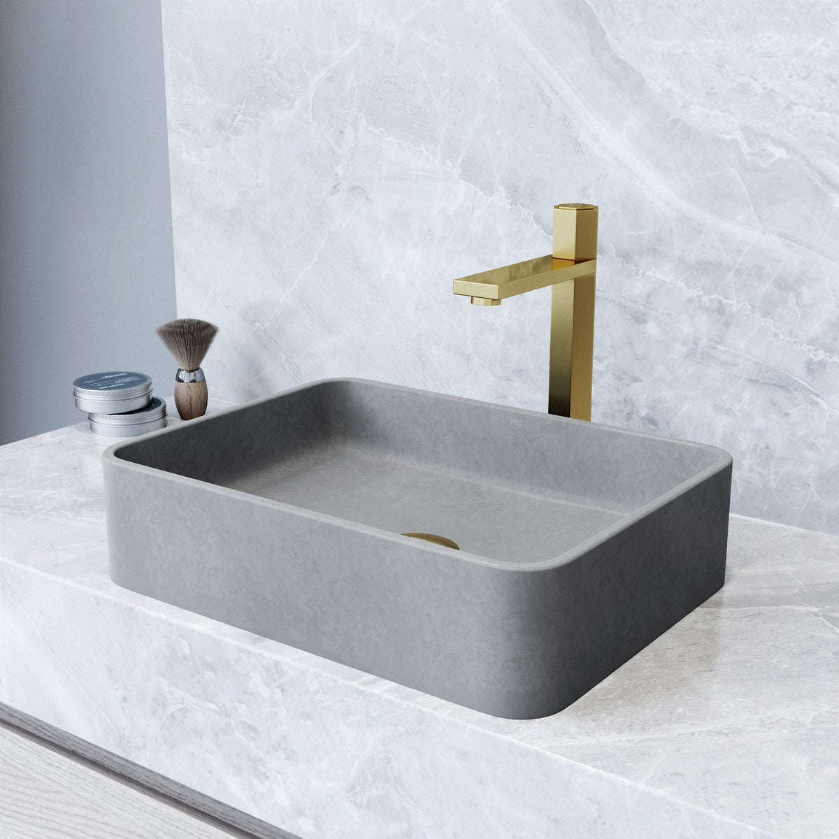 Gray concrete vessel sink with rectangular shape and modern design