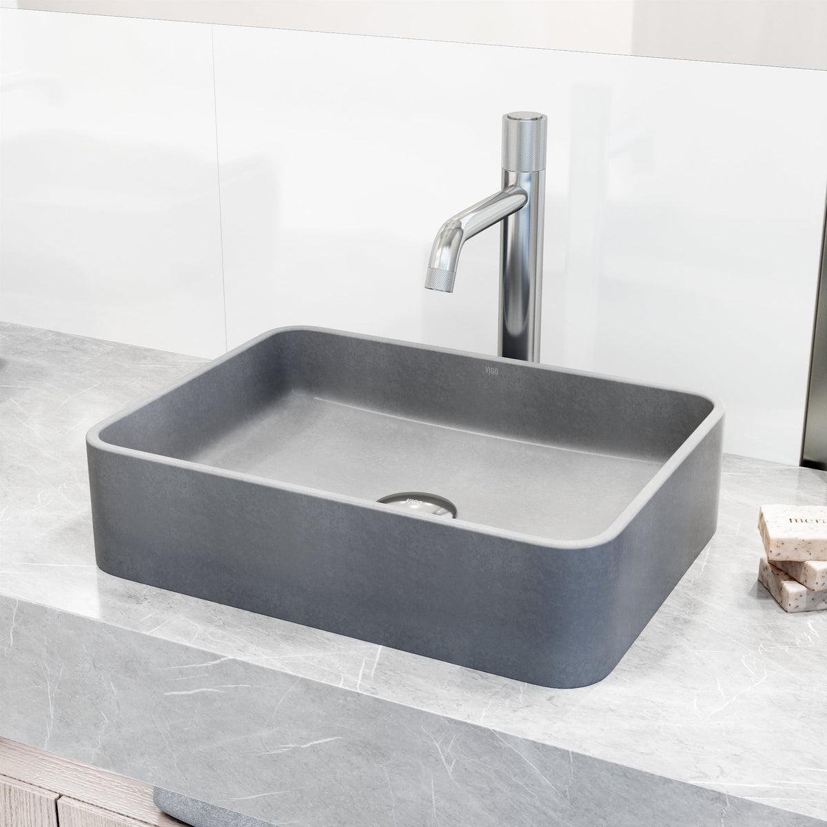 Handmade gray concrete sink for bathroom with vessel installation