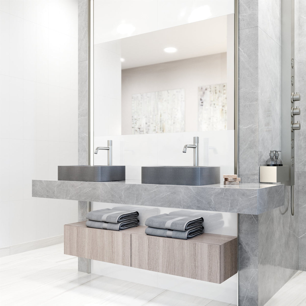 Fade resistant gray concrete vessel sink with rectangular form