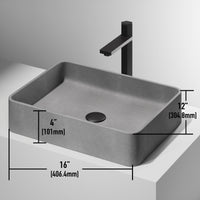 Rust resistant rectangular vessel sink in modern gray concrete