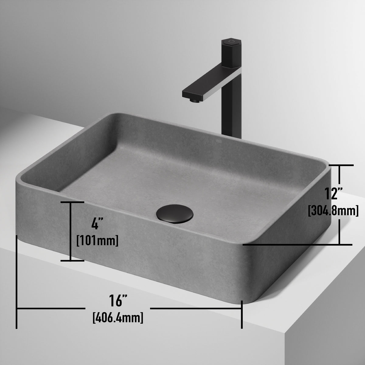 Rust resistant rectangular vessel sink in modern gray concrete