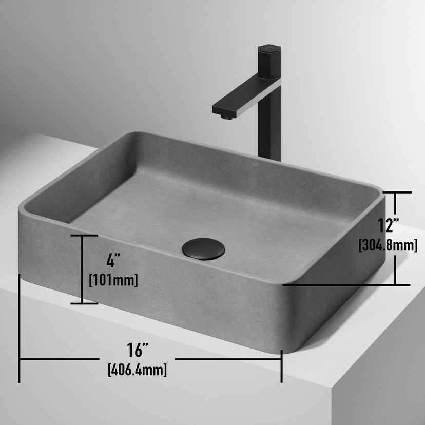 Rust resistant rectangular vessel sink in modern gray concrete