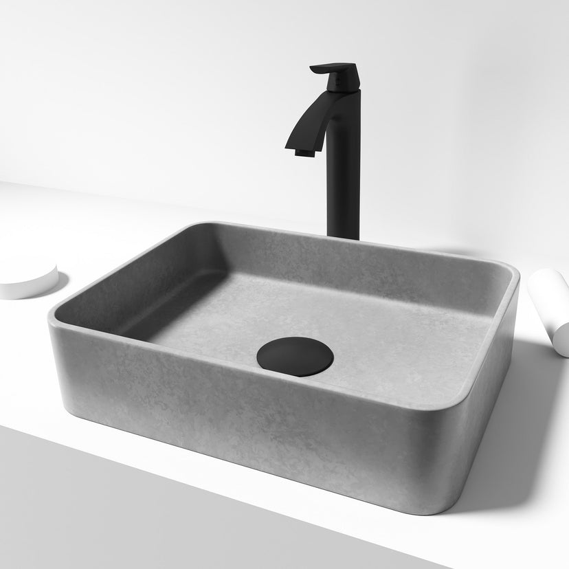 Durable rectangular vessel sink in gray concrete for modern bathrooms
