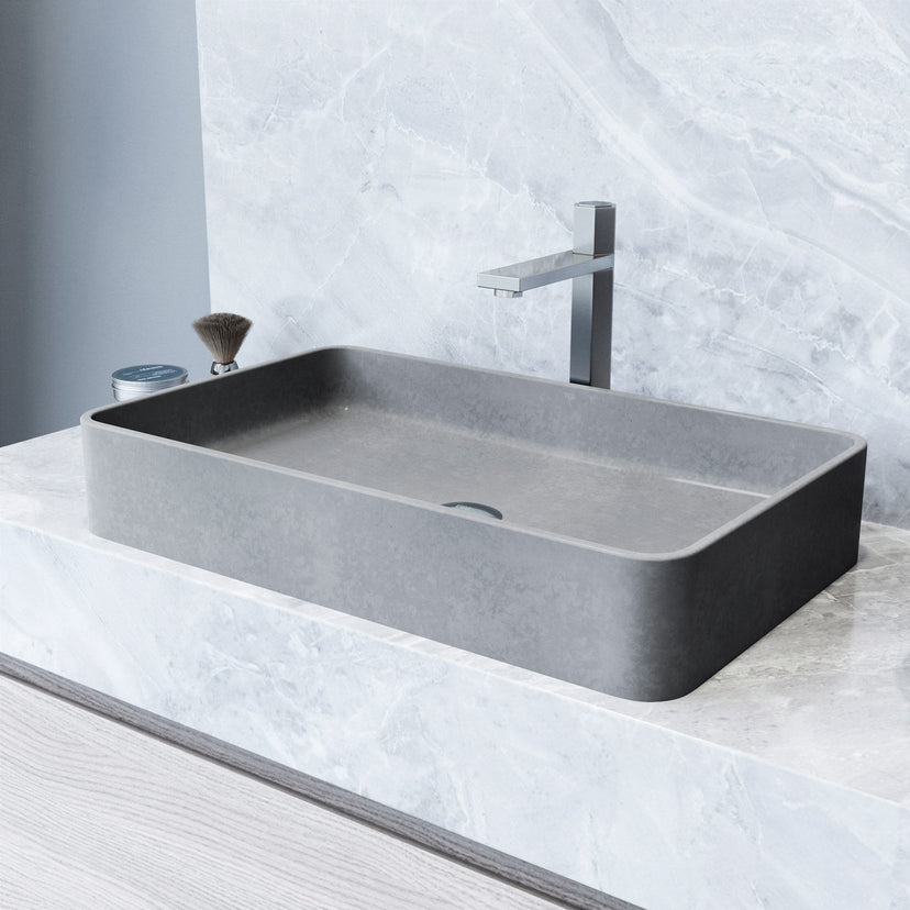 Gray concrete vessel sink with rectangular shape and modern design