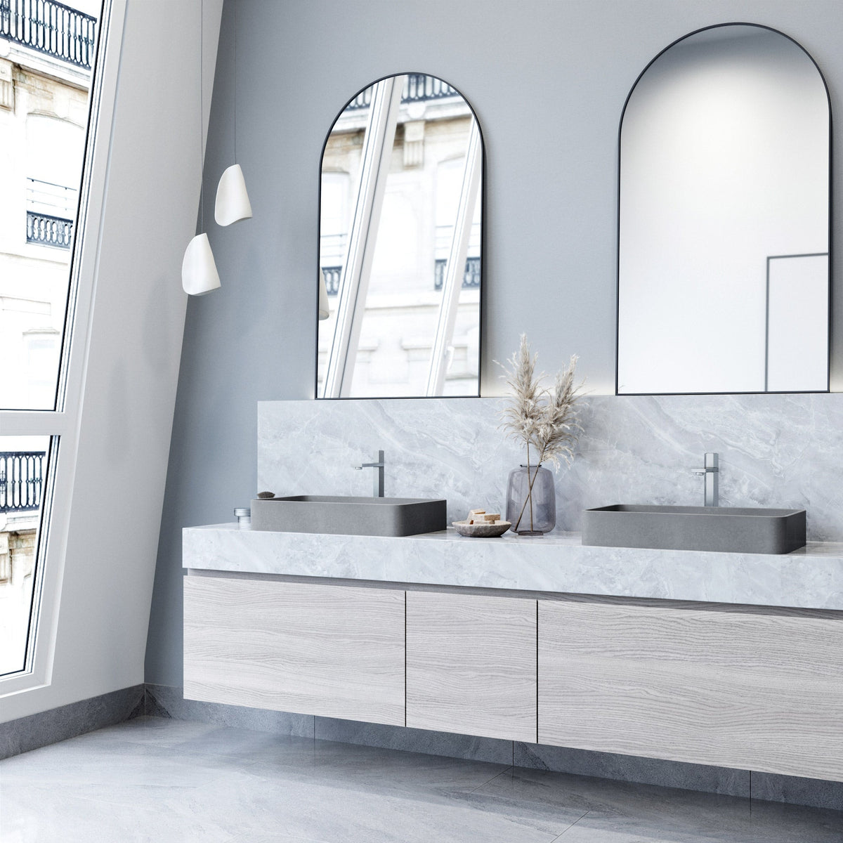 Modern rectangular vessel sink in gray concrete finish