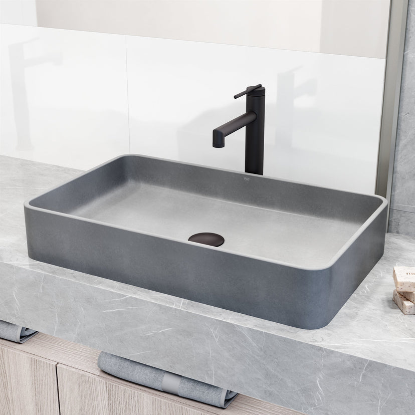 Handmade gray concrete sink for bathroom with vessel installation