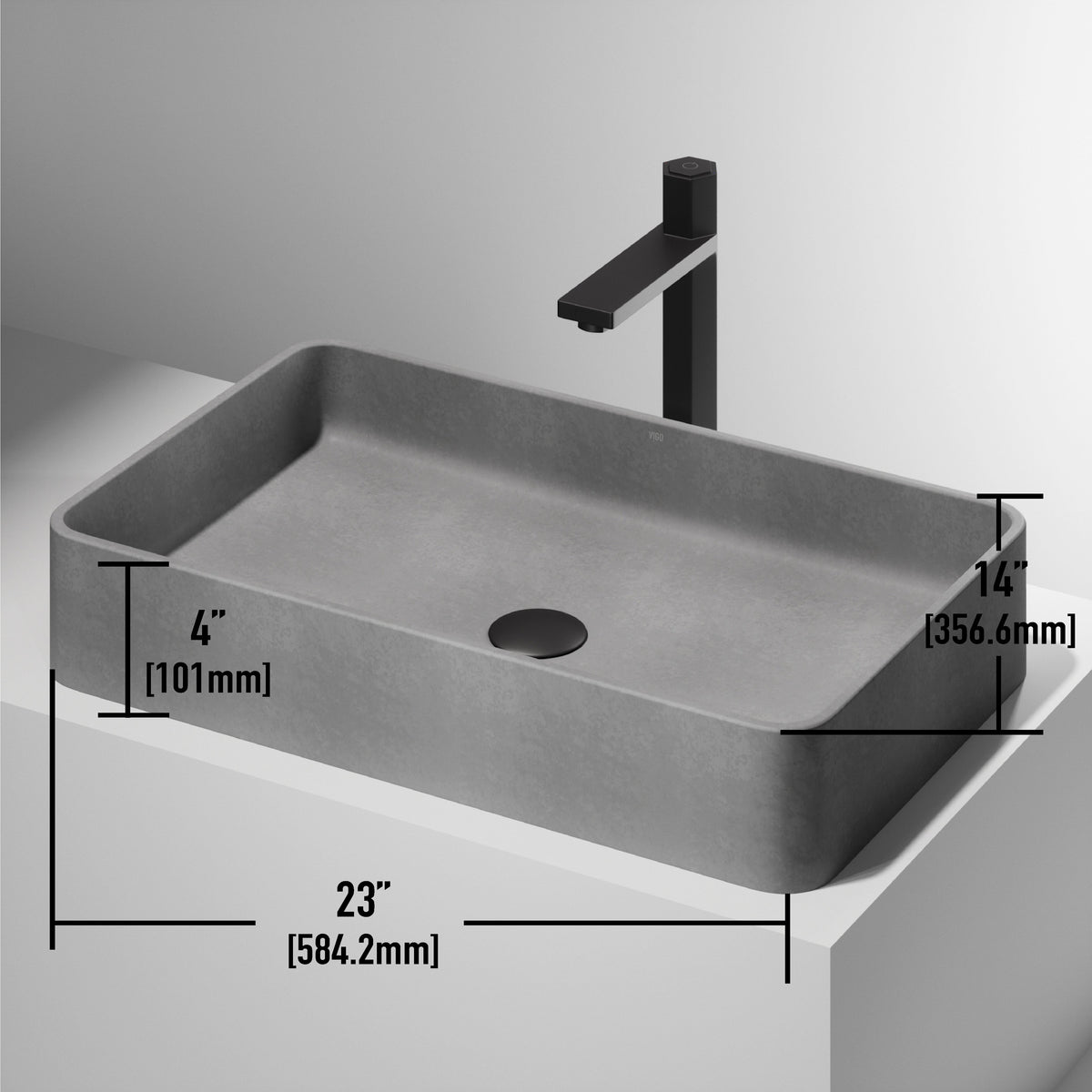 Rust resistant rectangular vessel sink in modern gray concrete
