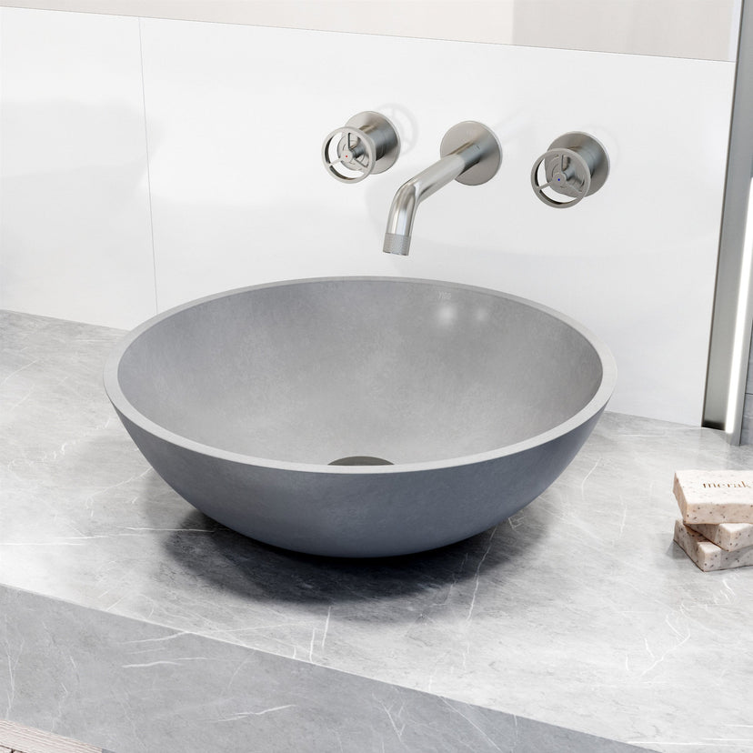 Fade-resistant gray concrete sink with round shape and vessel design