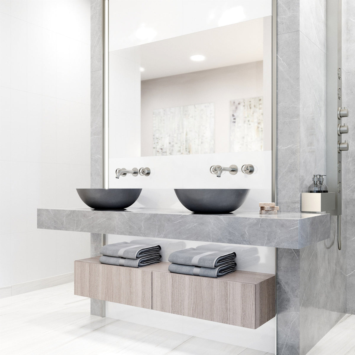 Round vessel sink made of concrete in modern gray finish