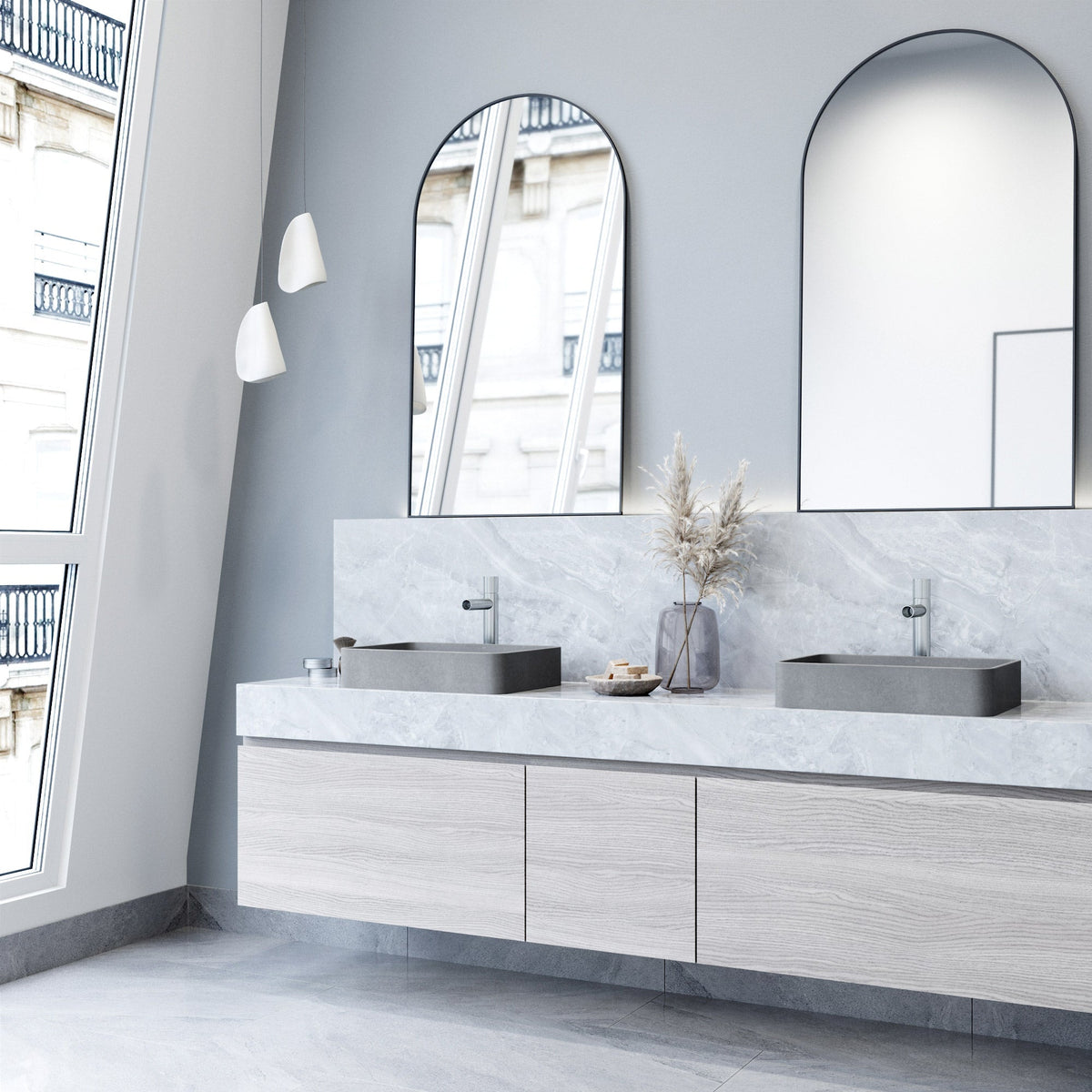 Modern rectangular vessel sink in gray concrete finish