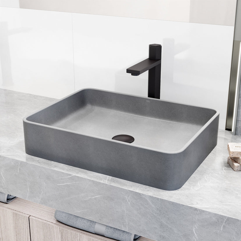 Handmade gray concrete sink for bathroom with vessel installation