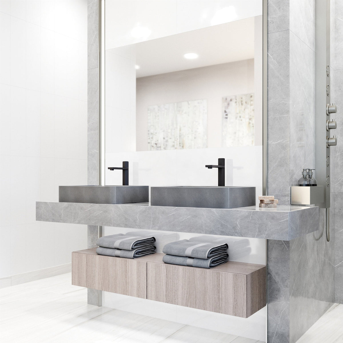 Fade resistant gray concrete vessel sink with rectangular form