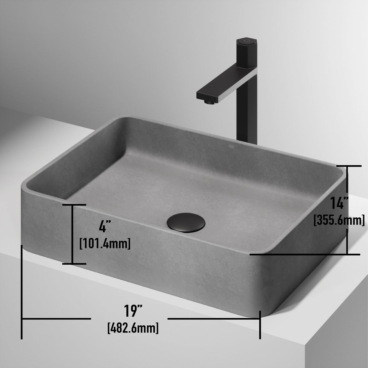 Rust resistant rectangular vessel sink in modern gray concrete