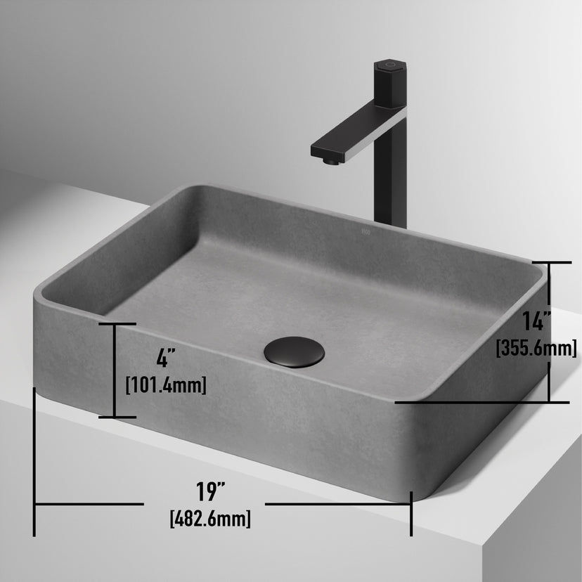 Rust resistant rectangular vessel sink in modern gray concrete