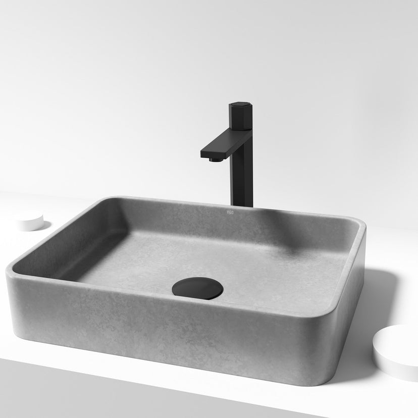 Durable rectangular vessel sink in gray concrete for modern bathrooms