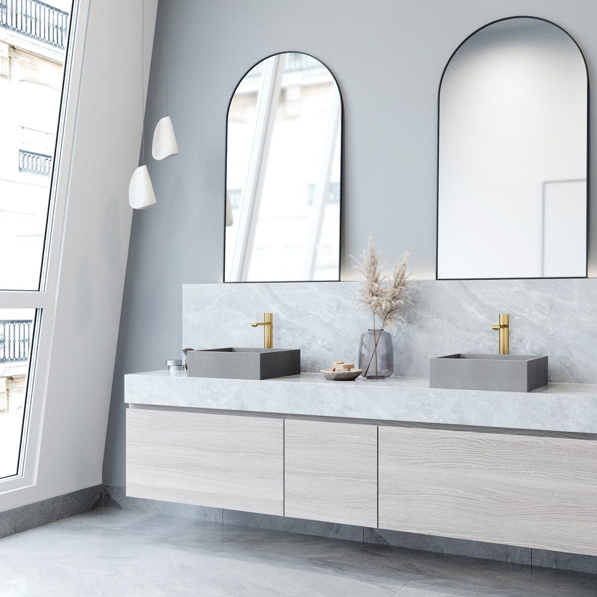 Modern square vessel sink made of fade-resistant concrete