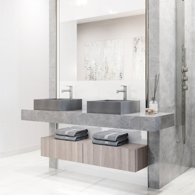 Rust-resistant vessel sink with sleek square form and gray finish