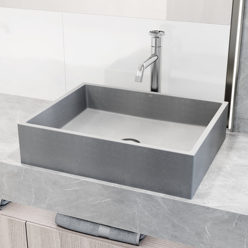Handmade concreto stone vessel sink with sleek rectangular shape