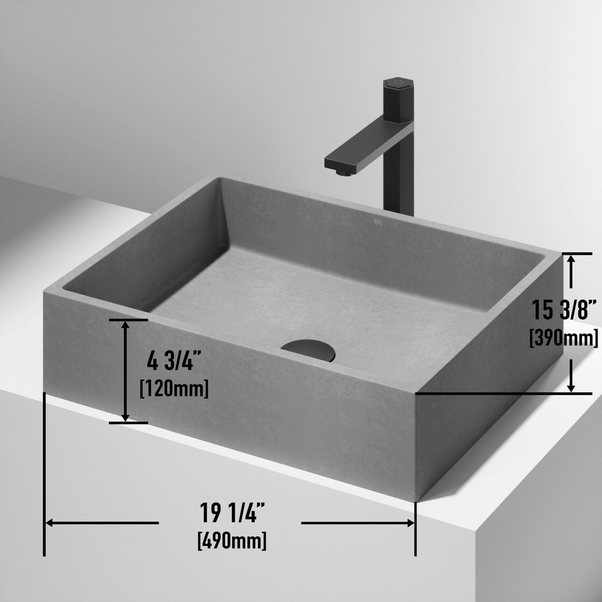 Rust-resistant rectangular vessel sink made of concrete
