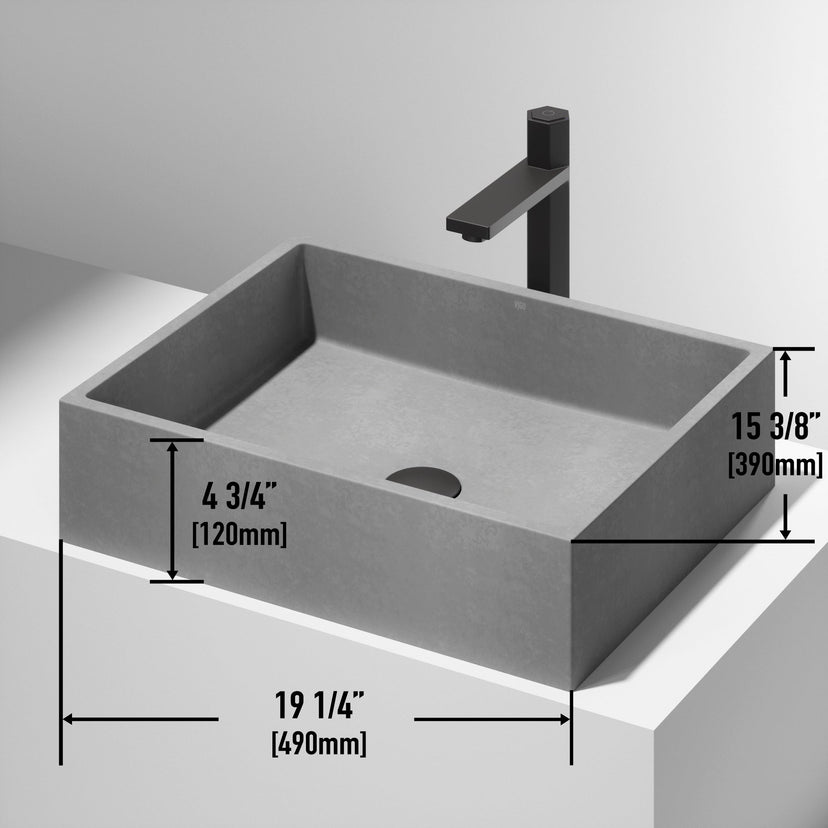 Rust-resistant rectangular vessel sink made of concrete