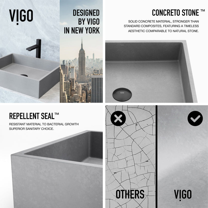 Commercial-grade rectangular sink with gray concreto stone finish