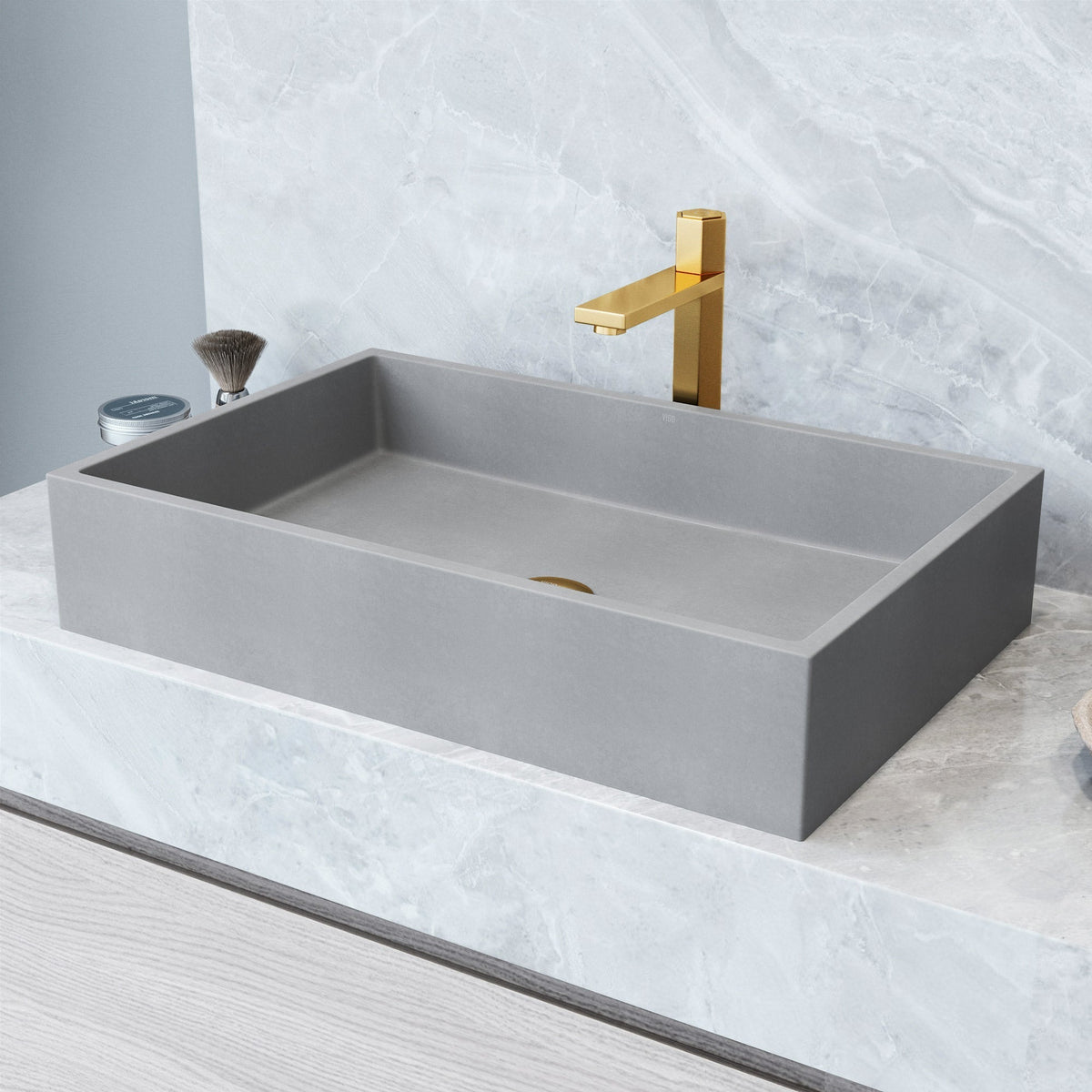 Gray rectangular vessel sink with modern design and concrete material