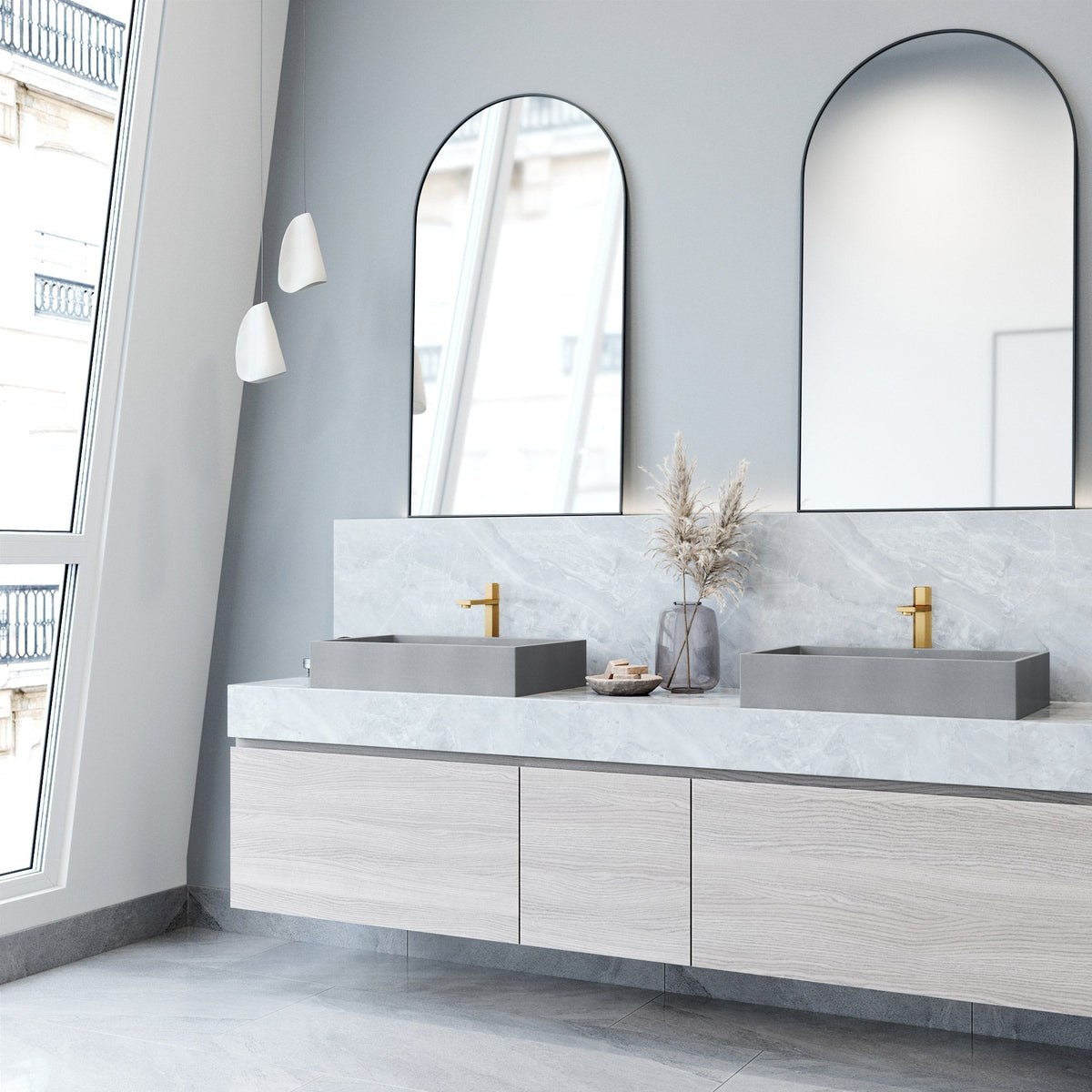 Rectangular concreto stone sink with vessel installation and gray finish
