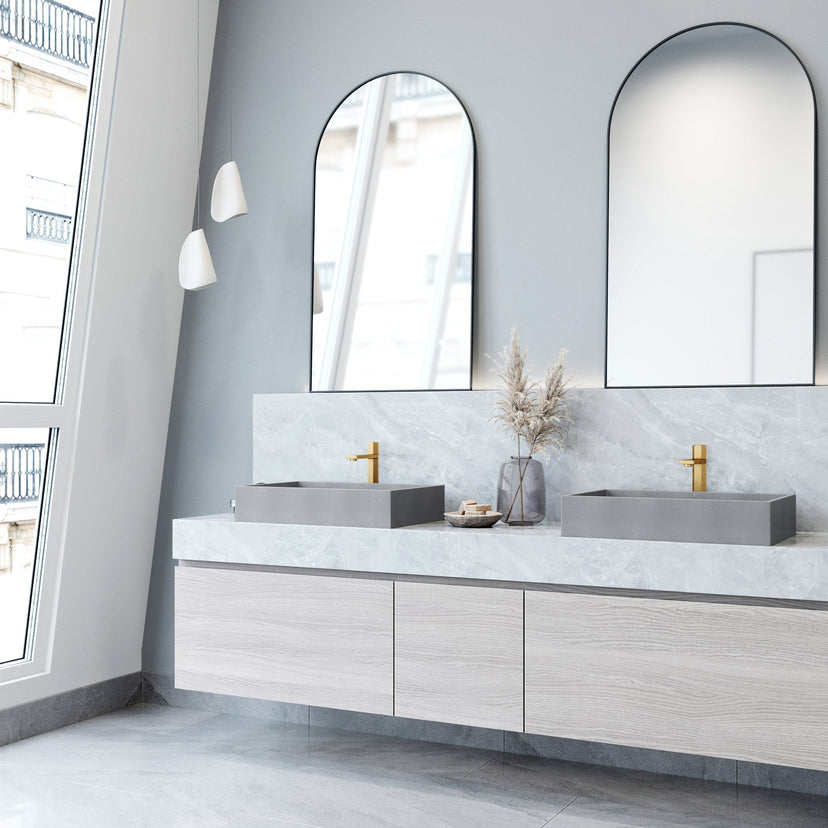 Rectangular concreto stone sink with vessel installation and gray finish
