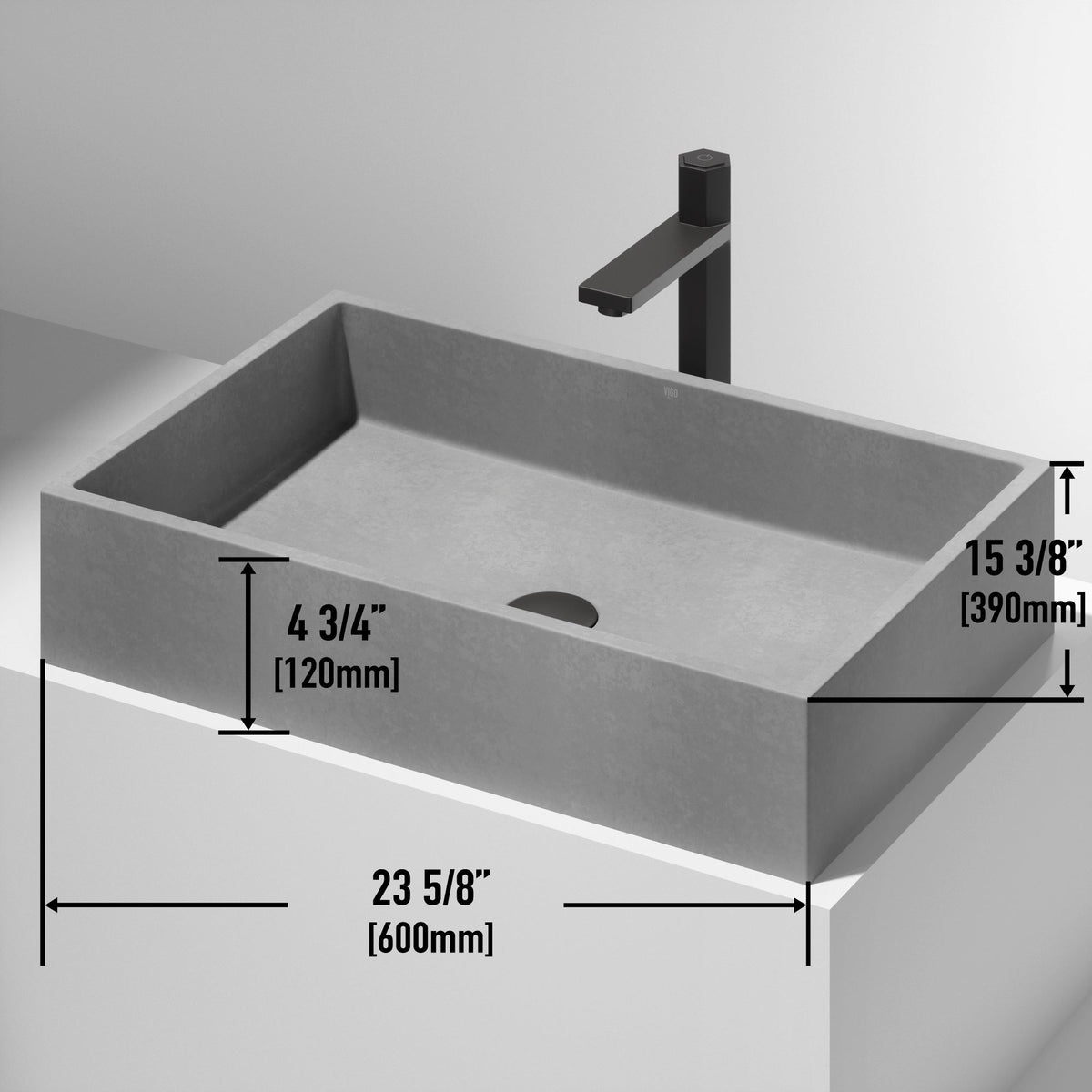 Rust-resistant gray sink with rectangular form and vessel setup