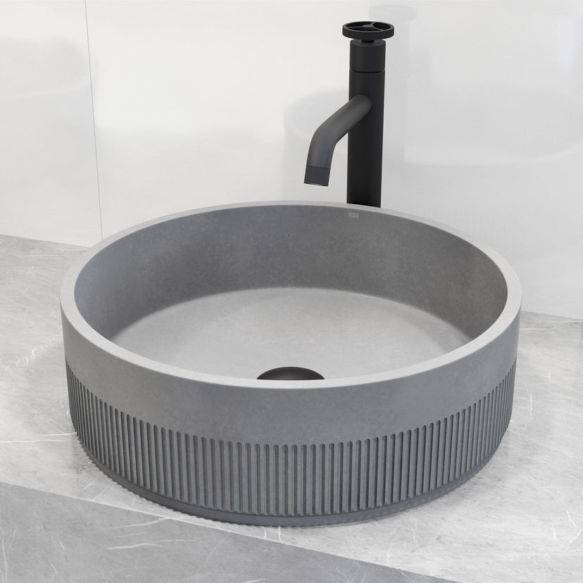 Contemporary round bathroom sink made of rust resistant concrete material