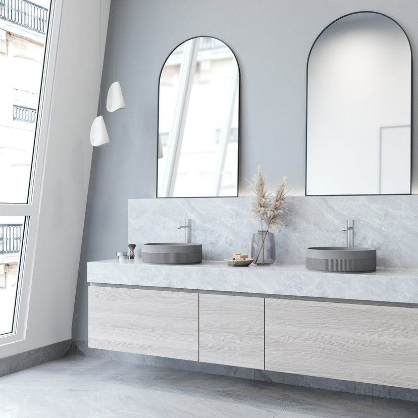 Handmade gray concrete vessel sink with modern design and commercial approval