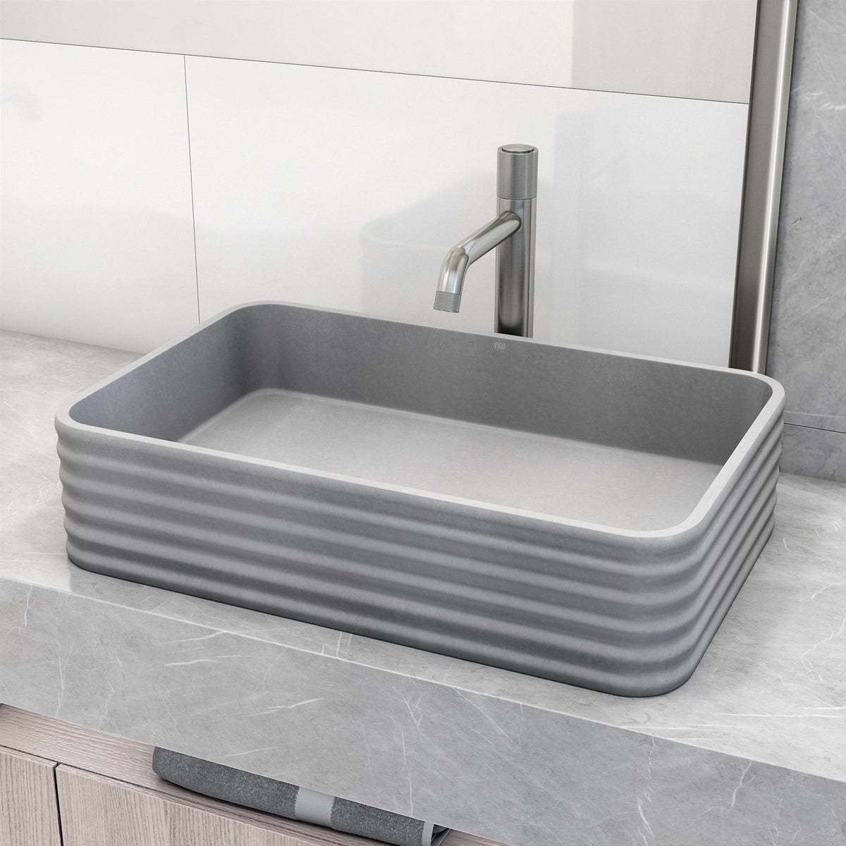 Rectangular gray concrete vessel sink, scratch resistant and handmade