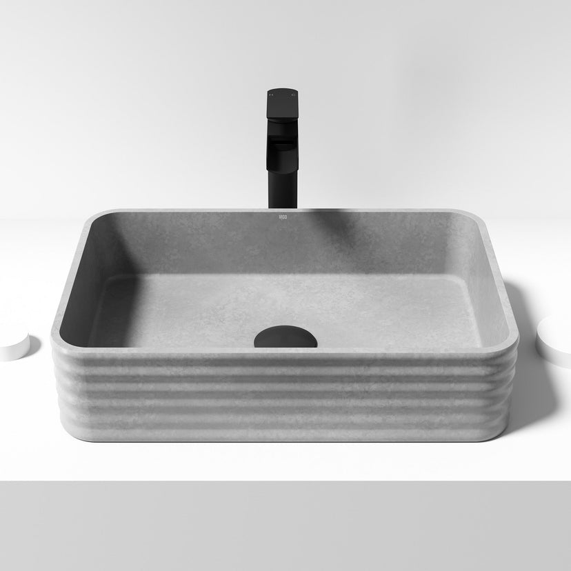 Gray concrete vessel sink, rectangular, suitable for commercial bathrooms