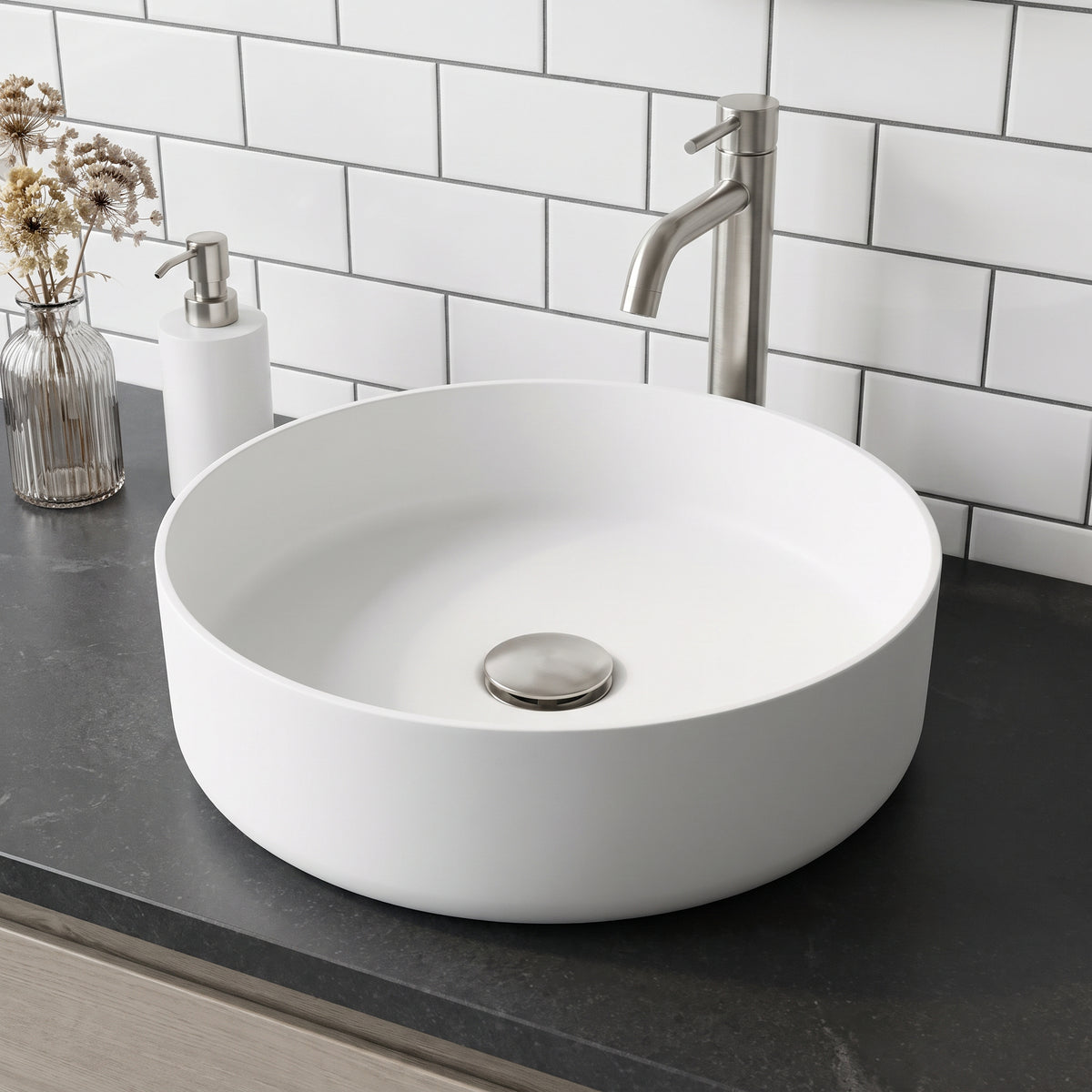 UltraThin™ Modern White Matte Stone™ 14 in. Round Vessel Bathroom Sink