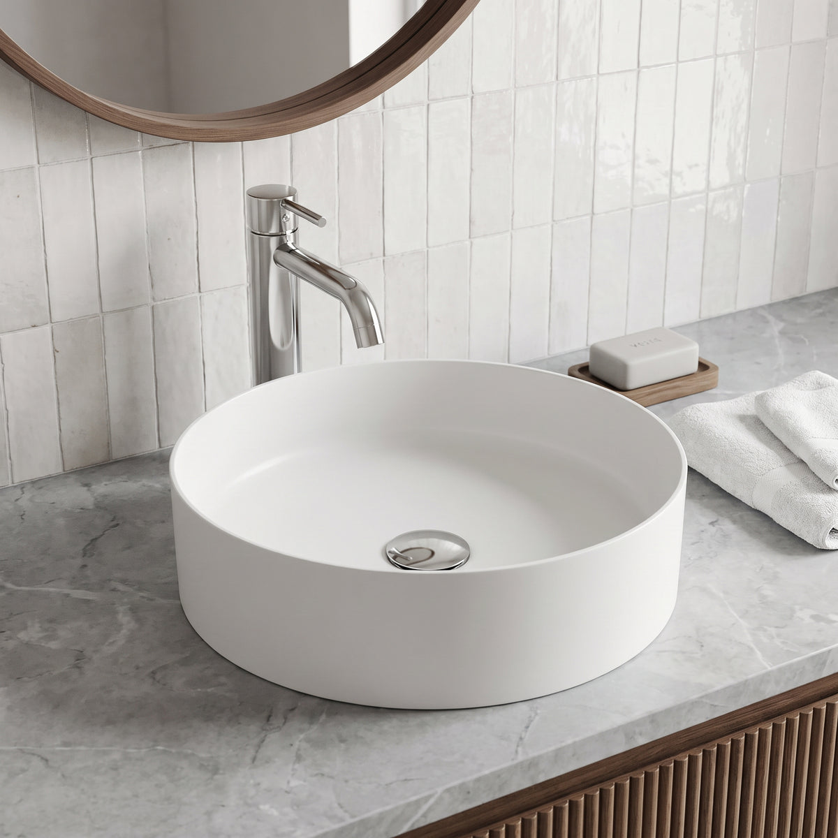 UltraThin™ Modern White Matte Stone™ 14 in. Round Vessel Bathroom Sink