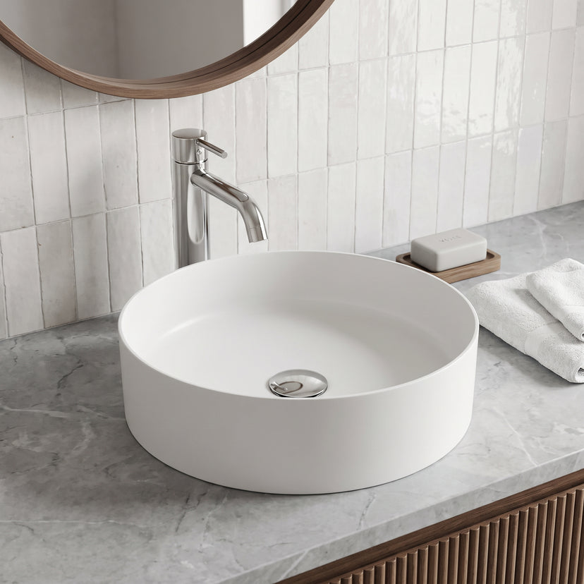 UltraThin™ Modern White Matte Stone™ 14 in. Round Vessel Bathroom Sink