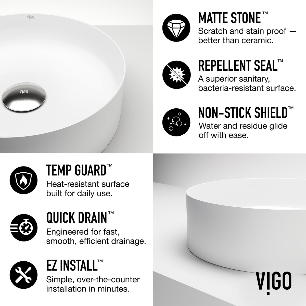UltraThin™ Modern White Matte Stone™ 14 in. Round Vessel Bathroom Sink