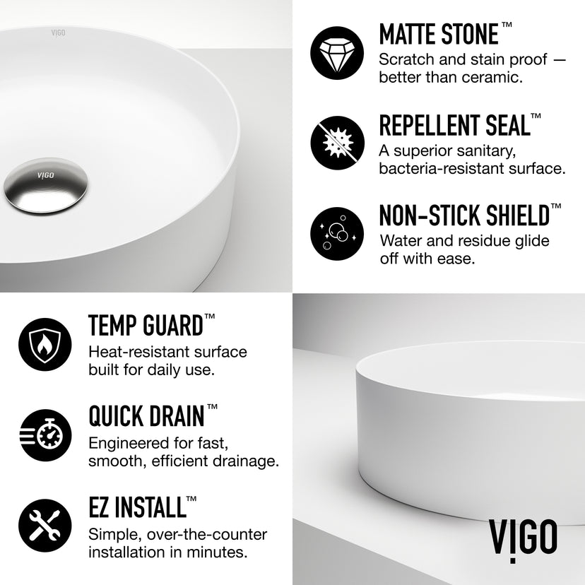 UltraThin™ Modern White Matte Stone™ 14 in. Round Vessel Bathroom Sink
