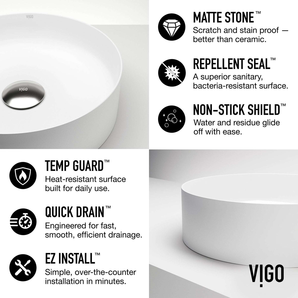 UltraThin™ Modern White Matte Stone™ 14 in. Round Vessel Bathroom Sink