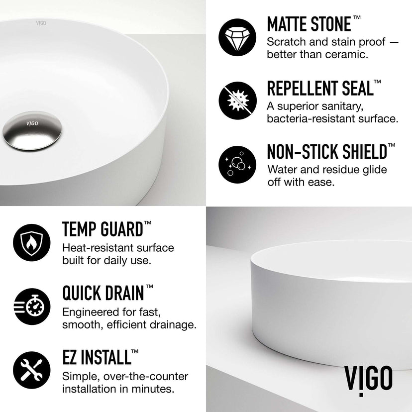 UltraThin™ Modern White Matte Stone™ 14 in. Round Vessel Bathroom Sink