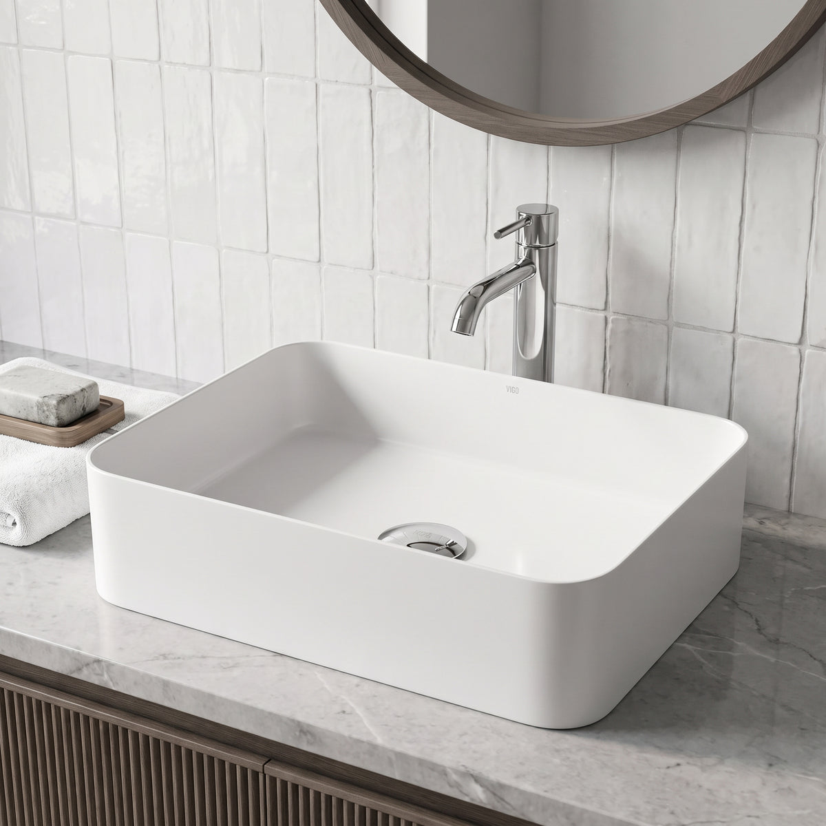 UltraThin™ Modern White Matte Stone™ 19 in. L x 14 in. W Rectangular Vessel Bathroom Sink