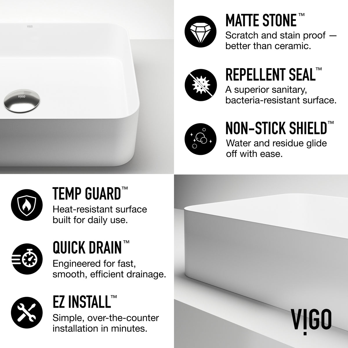UltraThin™ Modern White Matte Stone™ 19 in. L x 14 in. W Rectangular Vessel Bathroom Sink