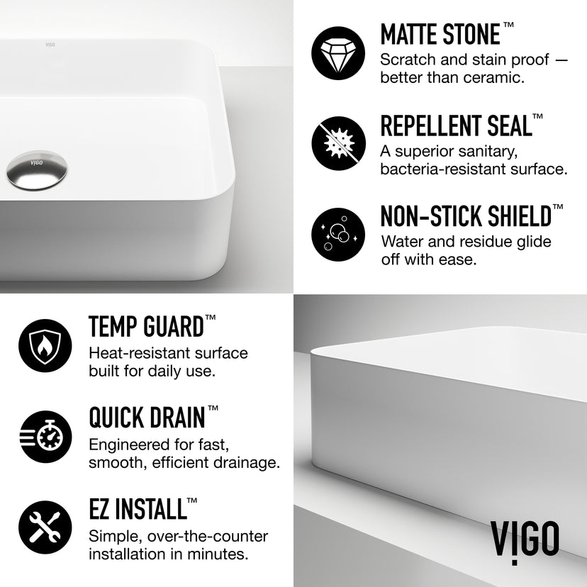 UltraThin™ Modern White Matte Stone™ 19 in. L x 14 in. W Rectangular Vessel Bathroom Sink