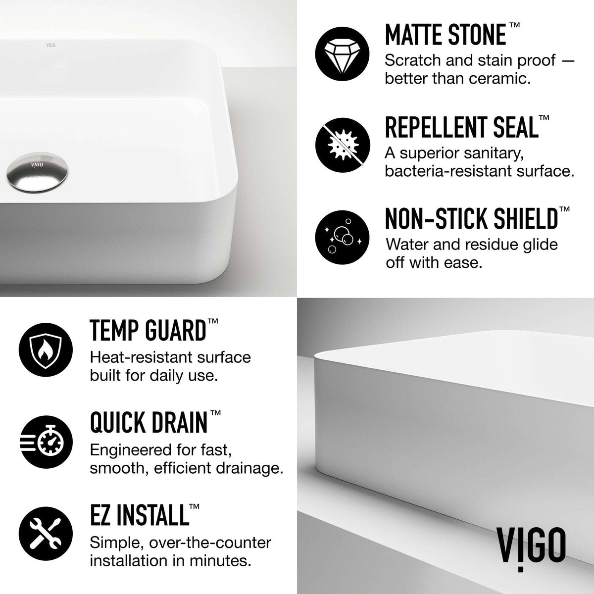 UltraThin™ Modern White Matte Stone™ 19 in. L x 14 in. W Rectangular Vessel Bathroom Sink